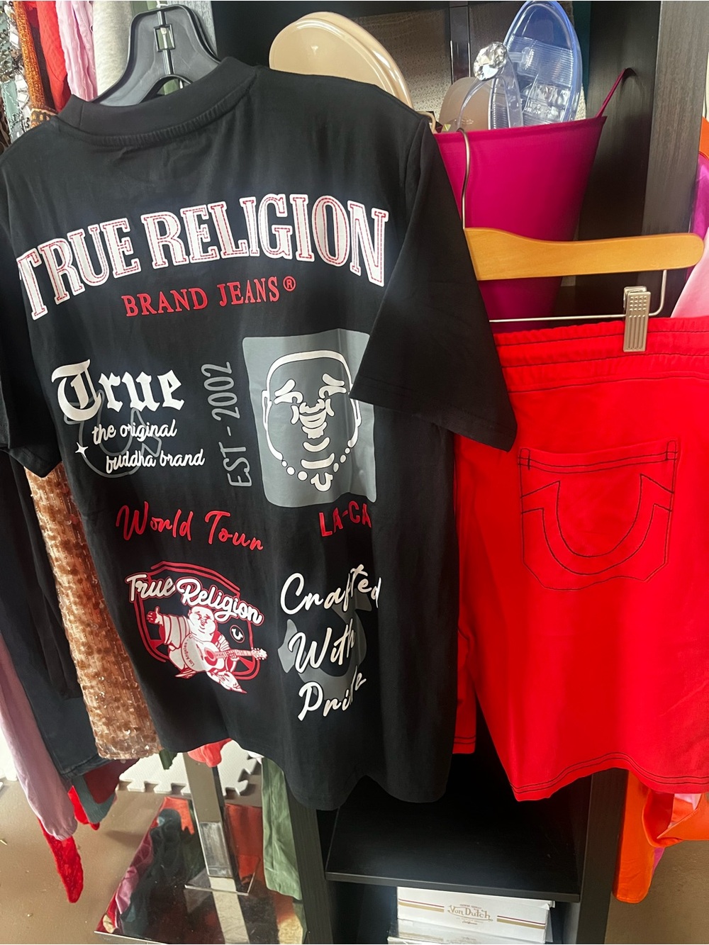 True Religion Black Graphic Tee with Red Skirt Set